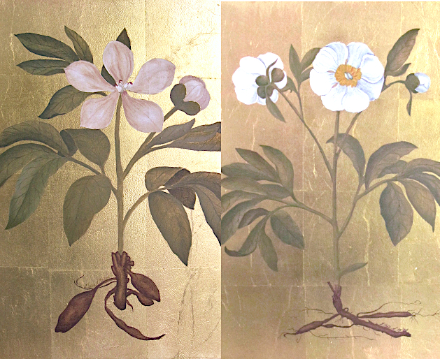 D&eacute;cors botaniques sur fond dor&eacute; &agrave; la feuille de cuivre